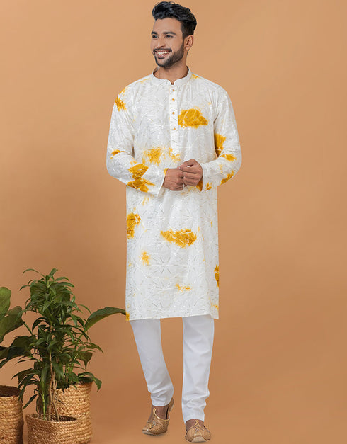 Readymade Men's Kurta Pyjama White And Yellow Kurta Chanderi Tie dye Churidar Front View