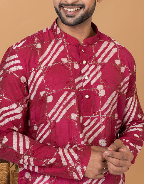 Readymade Men's Kurta Pyjama Red Kurta Chanderi Batik Print Churidar Back View