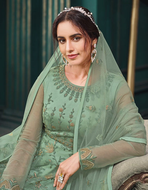 Pista Green Anarkali style Suits Butterfly Net Salwar Kameez in Embroidery, Stone and Lace Work Closure View
