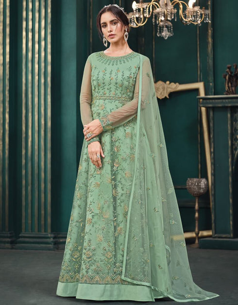 Pista Green Anarkali style Suits Butterfly Net Salwar Kameez in Embroidery, Stone and Lace Work