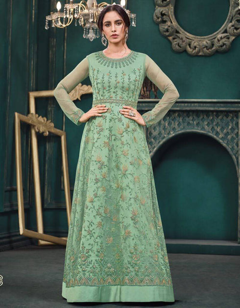 Pista Green Anarkali style Suits Butterfly Net