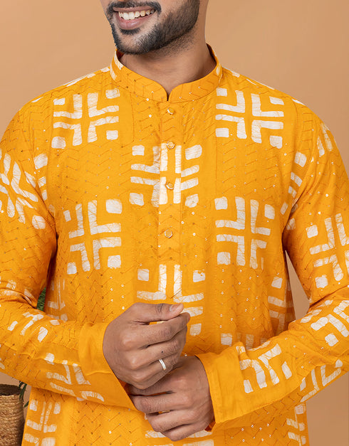 Readymade Men's Kurta Pyjama Mustard Kurta Chanderi Batik Print Churidar Back View