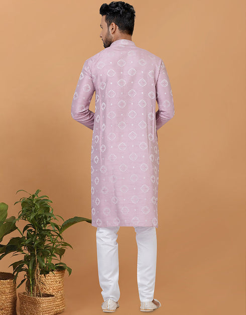 Readymade Men's Kurta Pyjama Lavender Kurta Silk Churidar Close-up View