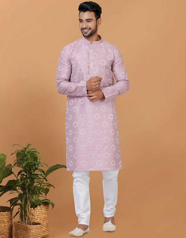 Readymade Men's Kurta Pyjama Lavender Kurta Silk Churidar Front View