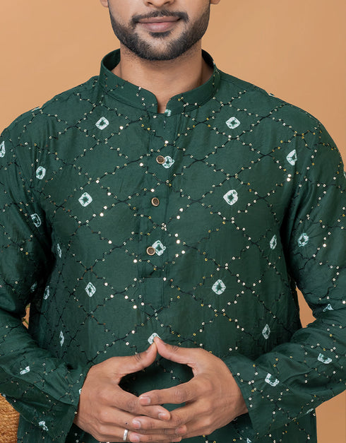 Readymade Men's Kurta Pyjama Green Kurta Chanderi Batik Print Churidar Back View