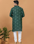 Readymade Men's Kurta Pyjama Green Kurta Chanderi Batik Print Churidar Close-up View