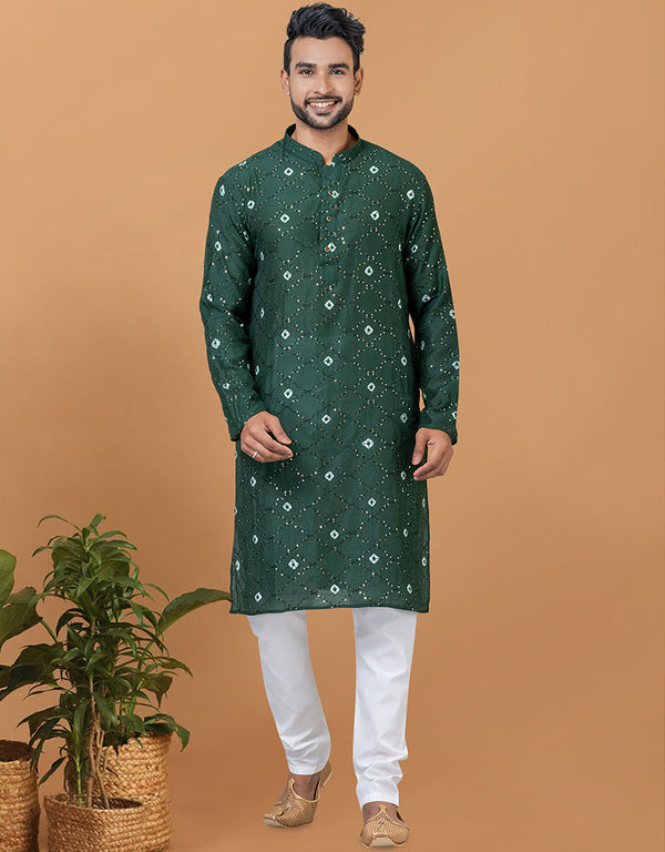 Readymade Men's Kurta Pyjama Green Kurta Chanderi Batik Print Churidar Front View