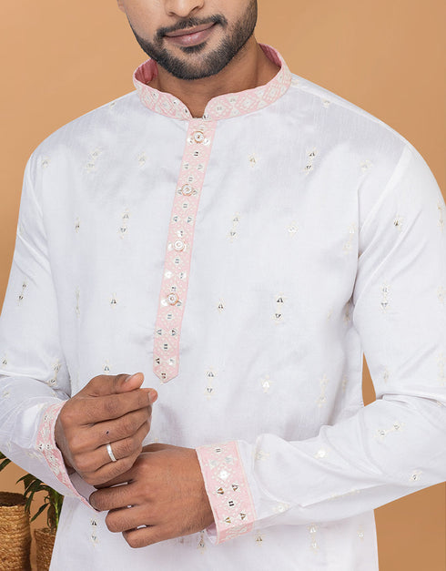 Readymade Men's Kurta Pyjama White Kurta Shaded Silk Churidar Back View