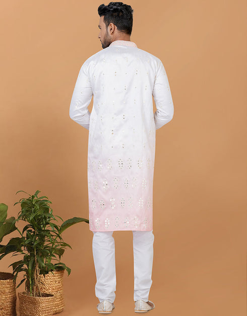 Readymade Men's Kurta Pyjama White Kurta Shaded Silk Churidar Close-up View