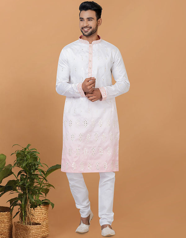 Readymade Men's Kurta Pyjama White Kurta Shaded Silk Churidar Front View