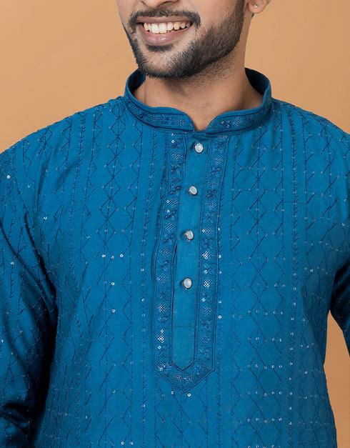 Readymade Men's Kurta Pyjama Teal Kurta Viscose Cotton Churidar Back View