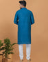 Readymade Men's Kurta Pyjama Teal Kurta Viscose Cotton Churidar Close-up View