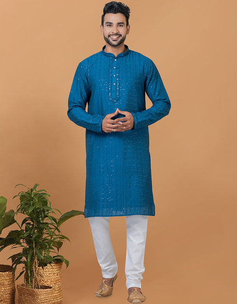 Readymade Men's Kurta Pyjama Teal Kurta Viscose Cotton Churidar Front View