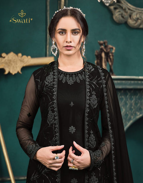 Black Anarkali style Suits Butterfly Net Salwar Kameez in Embroidery, Stone and Lace Work Closure View