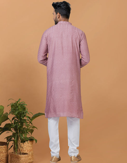 Readymade Men's Kurta Pyjama Light Mauve Kurta Viscose Cotton Churidar Close-up View