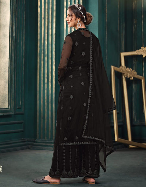 Black Anarkali style Suits Butterfly Net Salwar Kameez in Embroidery, Stone and Lace Work Closure View Embroidery Back side View
