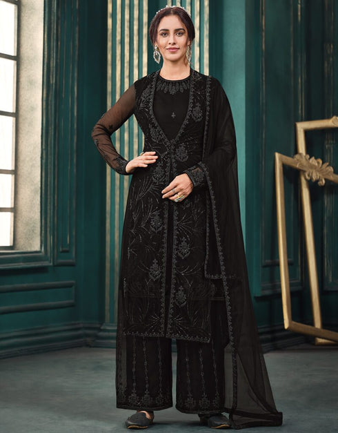 Black Anarkali style Suits Butterfly Net Salwar Kameez in Embroidery, Stone and Lace Work Closure View Embroidery