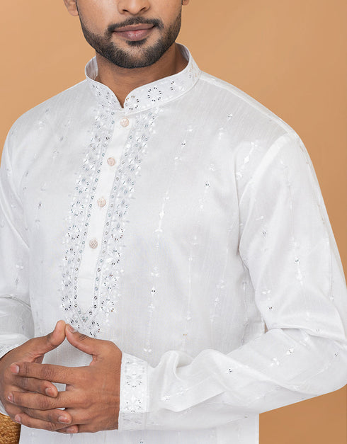 Readymade Men's Dhoti Kurta White Kurta Silk Churidar Back View