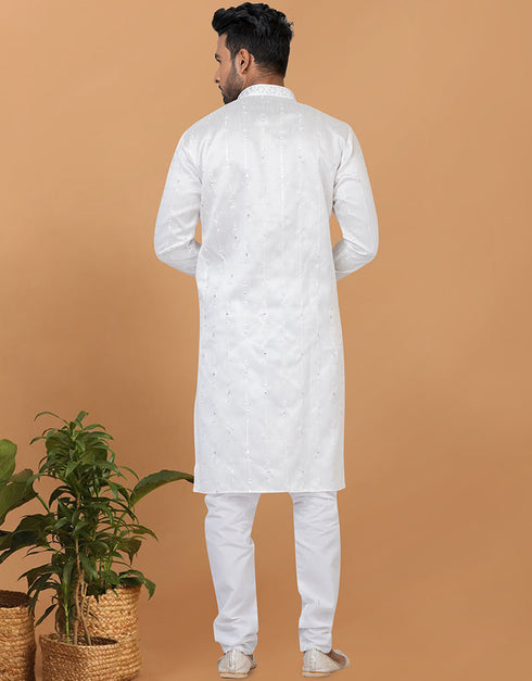 Readymade Men's Dhoti Kurta White Kurta Silk Churidar Close-up View