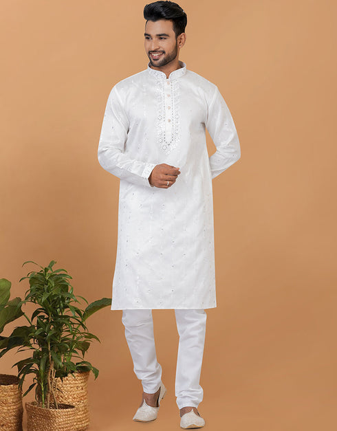 Readymade Men's Dhoti Kurta White Kurta Silk Churidar Front View
