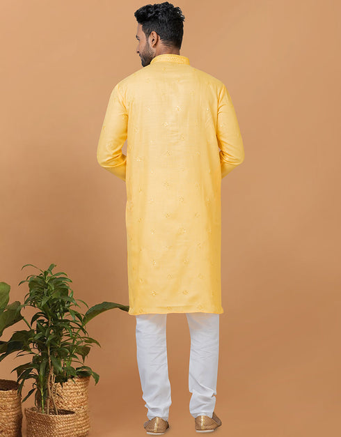 Readymade Men's Dhoti Kurta Light Mustard Kurta Poly Cotton Churidar Close-up View