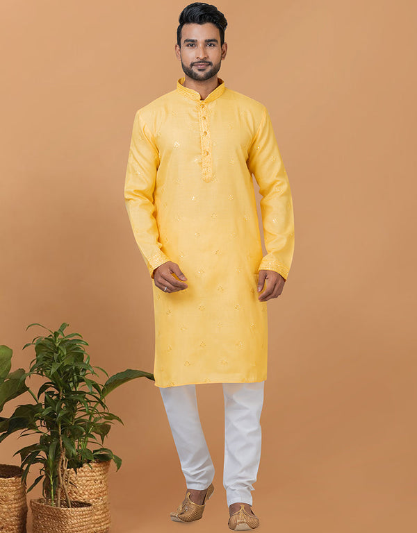 Readymade Men's Dhoti Kurta Light Mustard Kurta Poly Cotton Churidar Front View