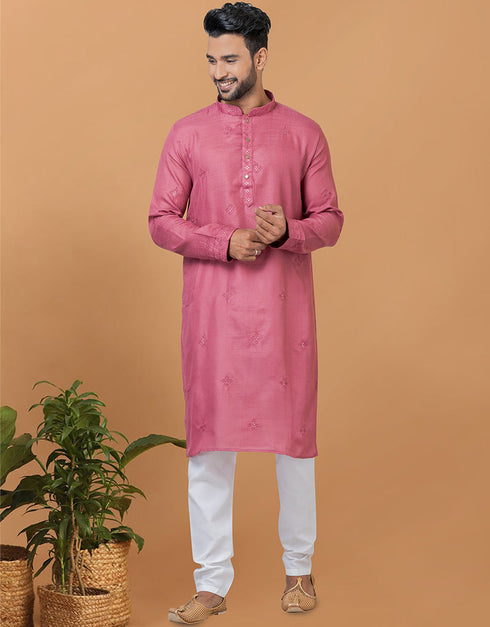 Readymade Men's Dhoti Kurta Pink Kurta Poly Cotton Churidar Front View