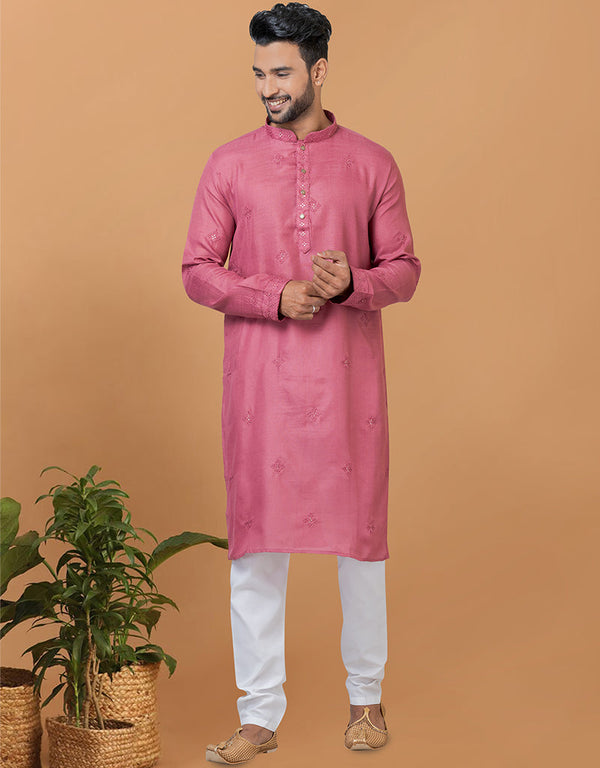 Readymade Men's Dhoti Kurta Pink Kurta Poly Cotton Churidar Front View