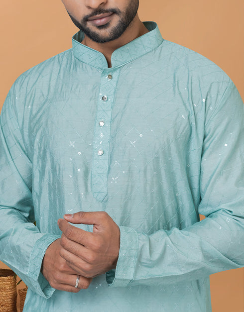 Readymade Men's Dhoti Kurta Sky Blue Kurta Viscose Cotton Churidar Back View