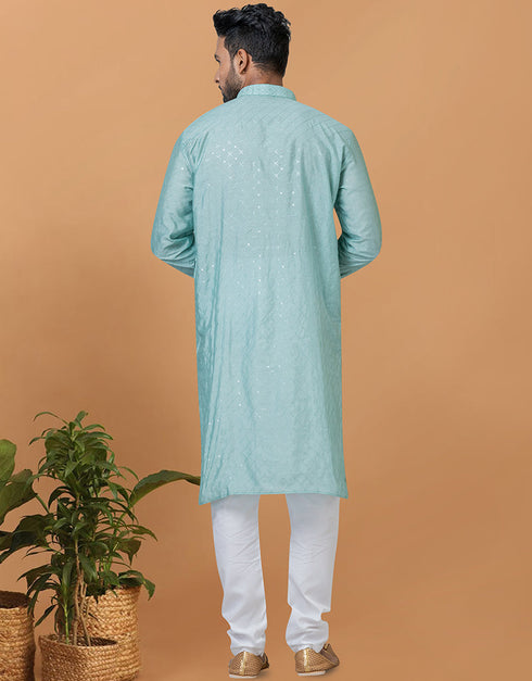Readymade Men's Dhoti Kurta Sky Blue Kurta Viscose Cotton Churidar Close-up View