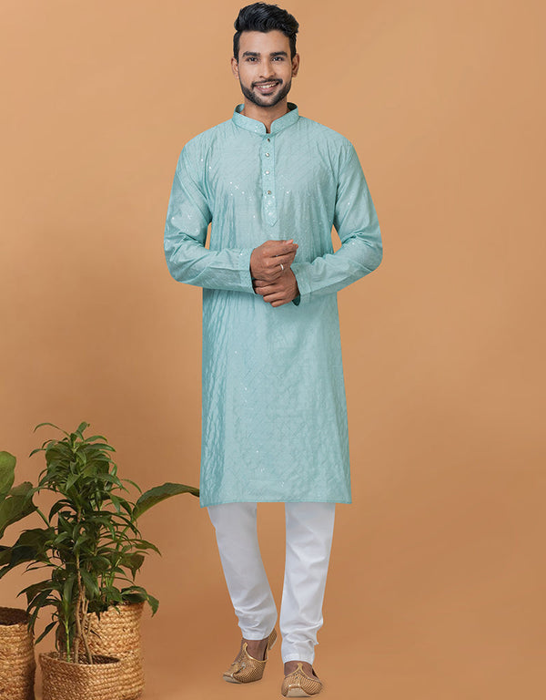 Readymade Men's Dhoti Kurta Sky Blue Kurta Viscose Cotton Churidar Front View