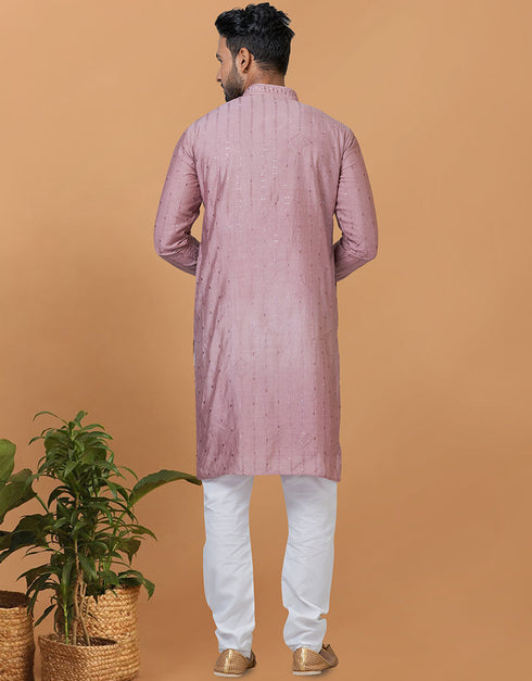Readymade Men's Dhoti Kurta Mauve Kurta Viscose Cotton Churidar Close-up View