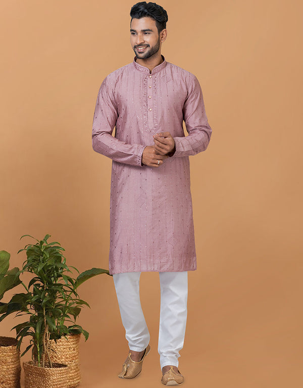 Readymade Men's Dhoti Kurta Mauve Kurta Viscose Cotton Churidar Front View