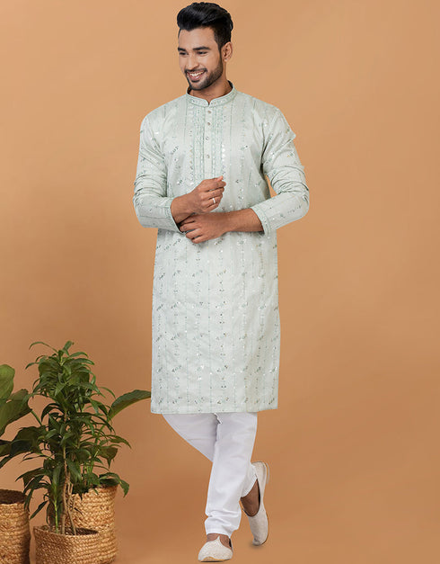 Readymade Men's Dhoti Kurta Light Aqua Blue Green Kurta Silk Churidar Front View
