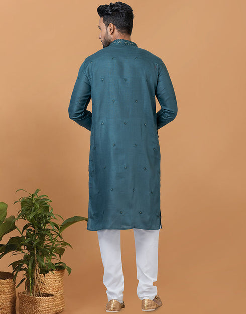 Readymade Men's Dhoti Kurta Teal Kurta Poly Cotton Churidar Close-up View