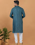 Readymade Men's Dhoti Kurta Teal Kurta Poly Cotton Churidar Close-up View