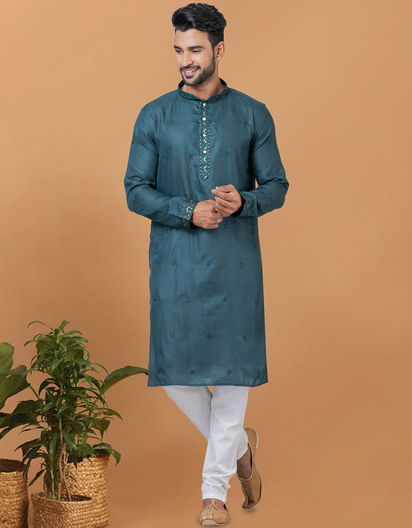 Readymade Men's Dhoti Kurta Teal Kurta Poly Cotton Churidar Front View