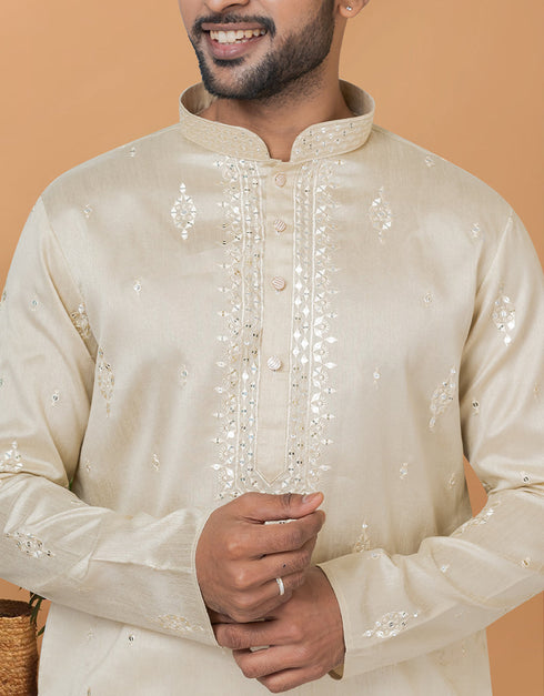 Readymade Men's Dhoti Kurta Beige Kurta Silk Churidar Back View