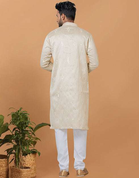 Readymade Men's Dhoti Kurta Beige Kurta Silk Churidar Close-up View
