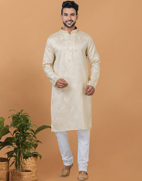 Readymade Men's Dhoti Kurta Beige Kurta Silk Churidar Front View
