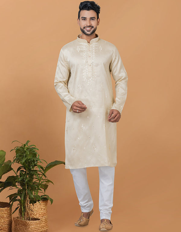 Readymade Men's Dhoti Kurta Beige Kurta Silk Churidar Front View