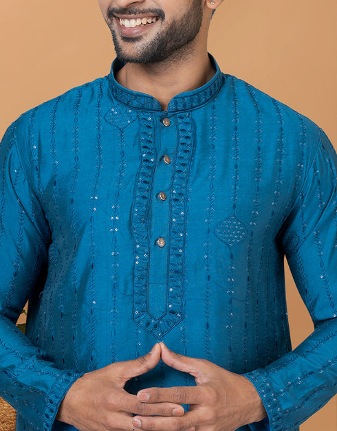 Readymade Men's Dhoti Kurta Teal Blue Kurta Viscose Cotton Churidar Back View
