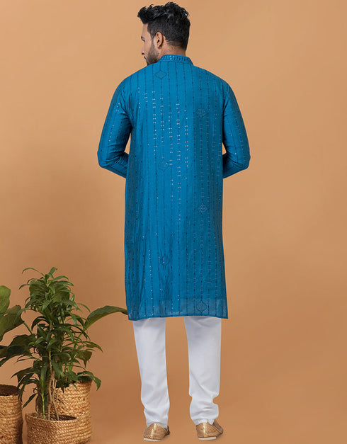 Readymade Men's Dhoti Kurta Teal Blue Kurta Viscose Cotton Churidar Close-up View