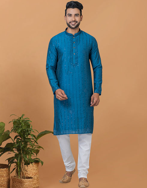 Readymade Men's Dhoti Kurta Teal Blue Kurta Viscose Cotton Churidar Front View