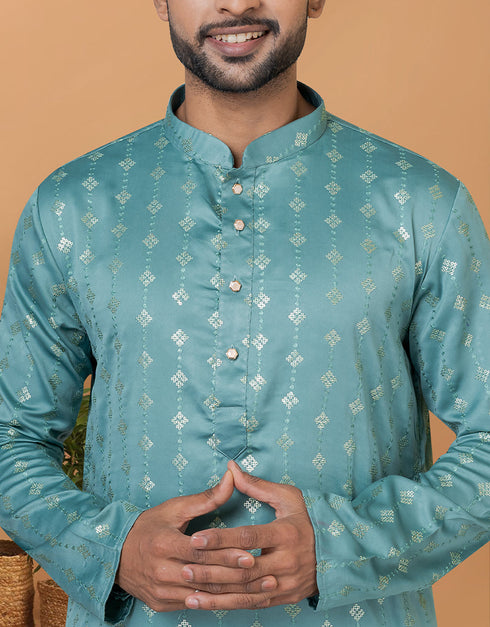 Readymade Men's Dhoti Kurta Blue Kurta Semi Gaji Silk Churidar Back View