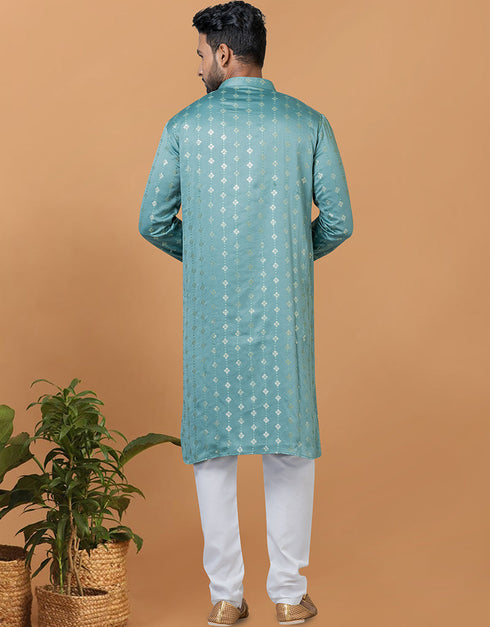 Readymade Men's Dhoti Kurta Blue Kurta Semi Gaji Silk Churidar Close-up View