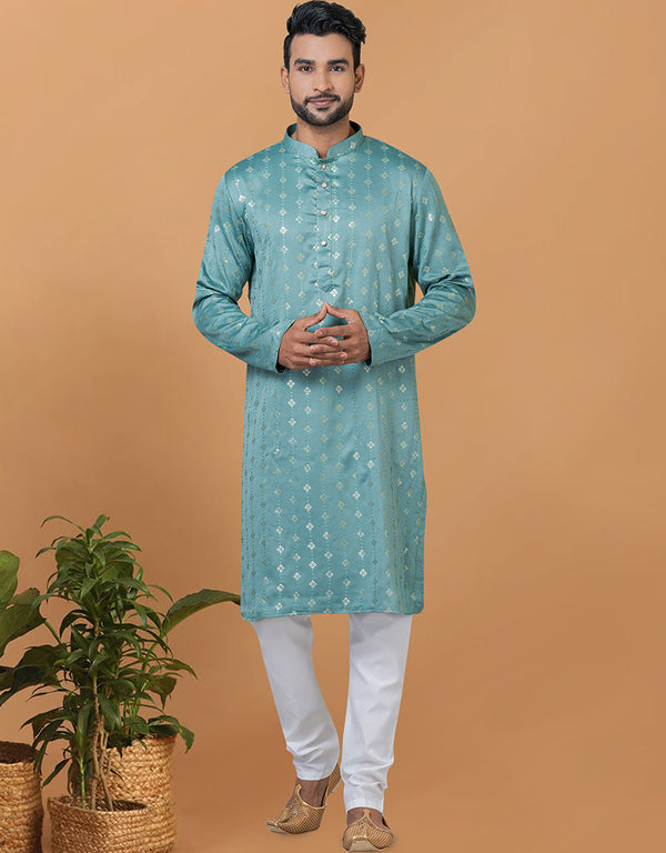 Readymade Men's Dhoti Kurta Blue Kurta Semi Gaji Silk Churidar Front View