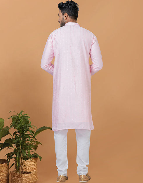 Readymade Men's Dhoti Kurta Light Pink Kurta Viscose Cotton Churidar Close-up View