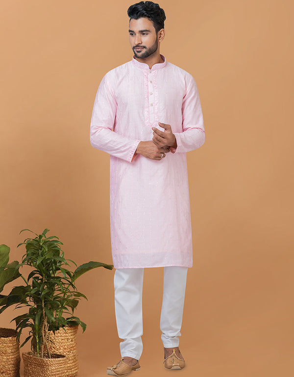 Readymade Men's Dhoti Kurta Light Pink Kurta Viscose Cotton Churidar Front View
