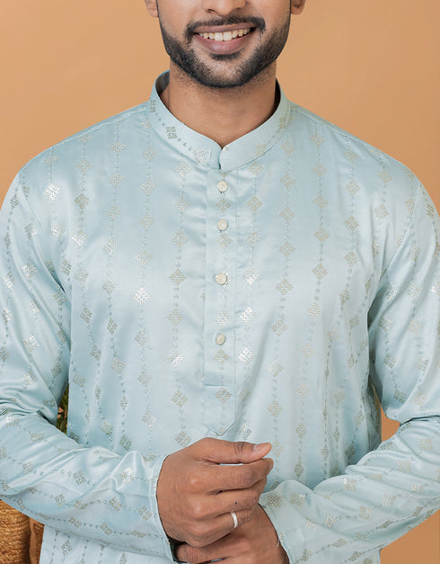 Readymade Men's Dhoti Kurta Sky Blue Kurta Semi Gaji Silk Churidar Back View